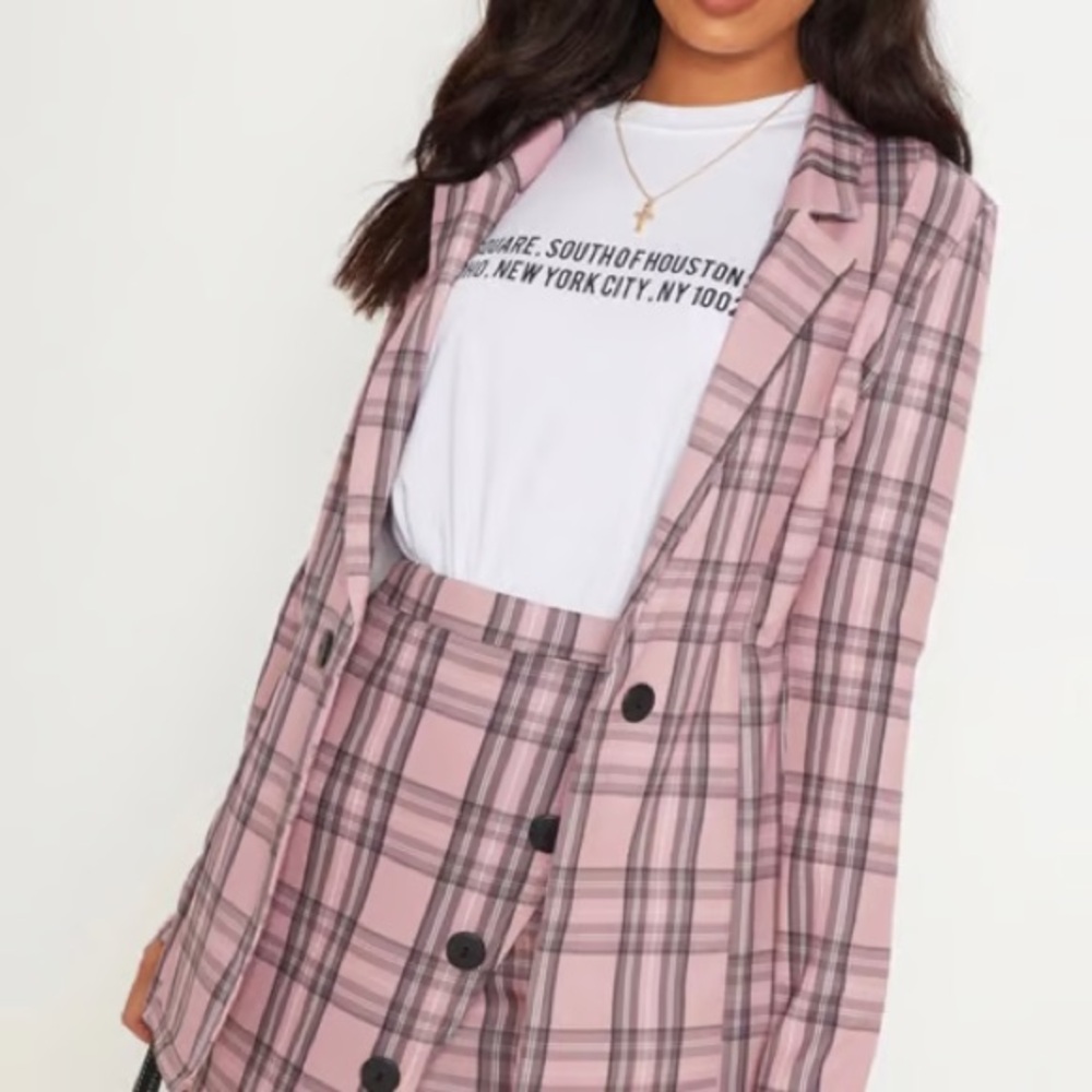 Prettylittlething pink plaid blazer US 8